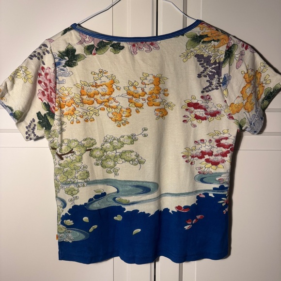 Vintage beaded Multicolor Japanese inspired Floral Crop T-shirt - fits like L - Picture 8 of 14